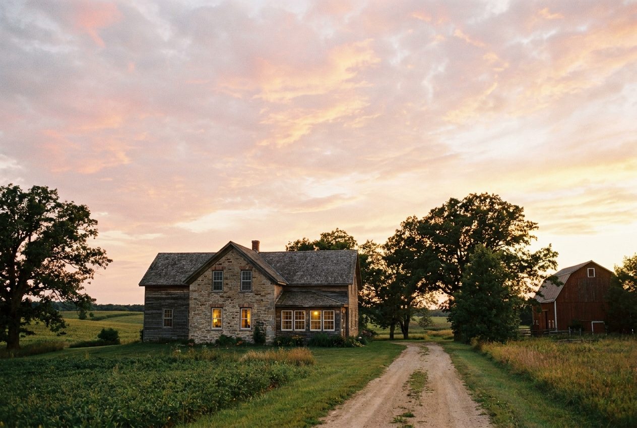 A Wisconsin farmhouse at dusk with lit windows