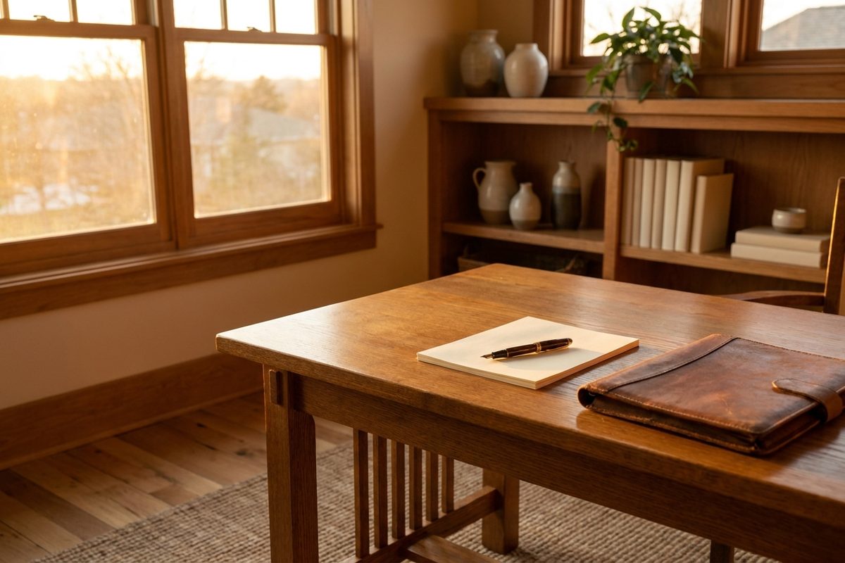 A craftsman-style Minnesota home office with an oak desk, blank stationery, and a fountain pen in warm morning light