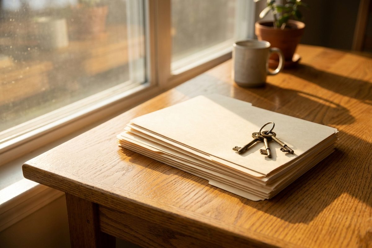 A stack of manila folders and a set of brass keys on an oak table in warm window light