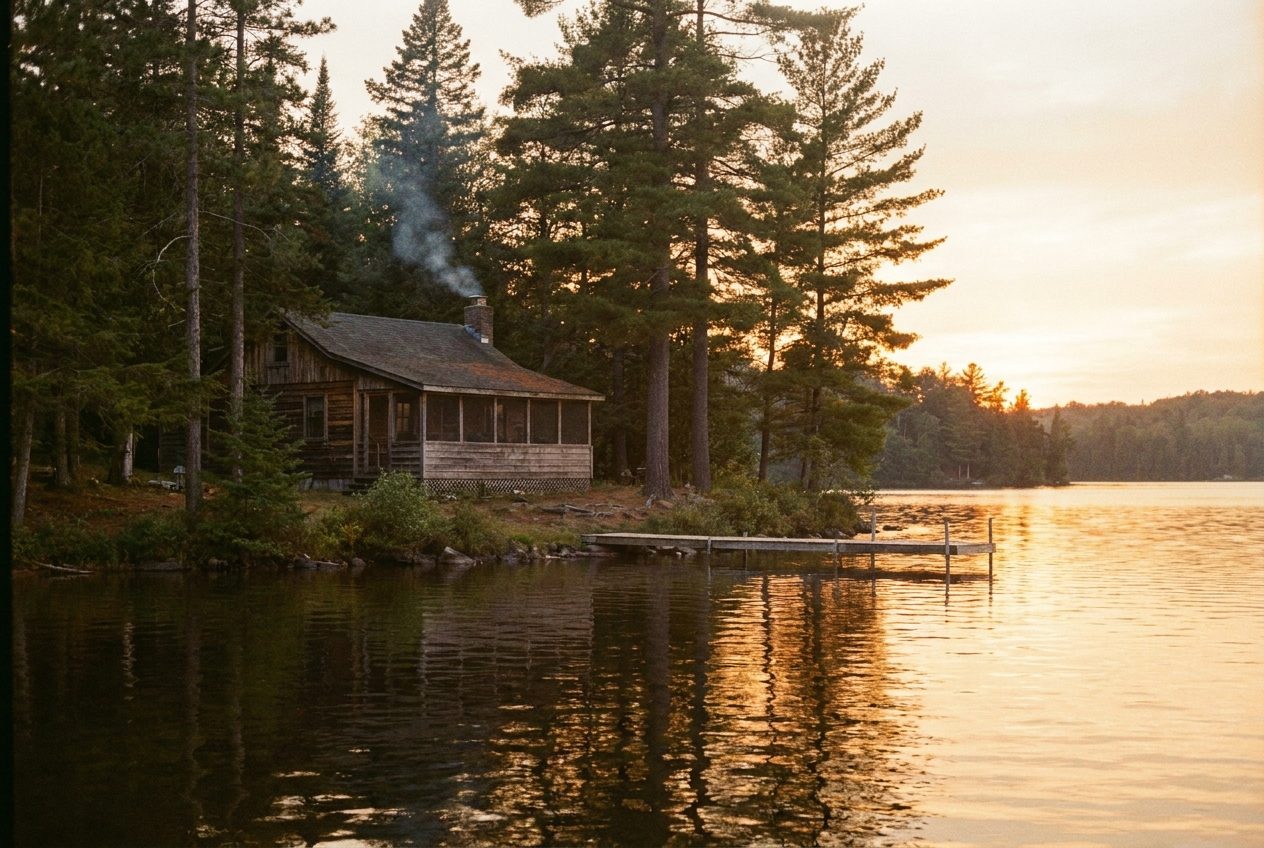 A Wisconsin lake cottage with a small dock at golden hour