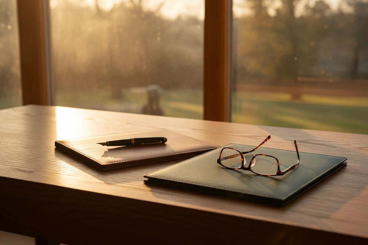 An oak writing desk with two blank leather document folders, a fountain pen, and reading glasses in warm morning light