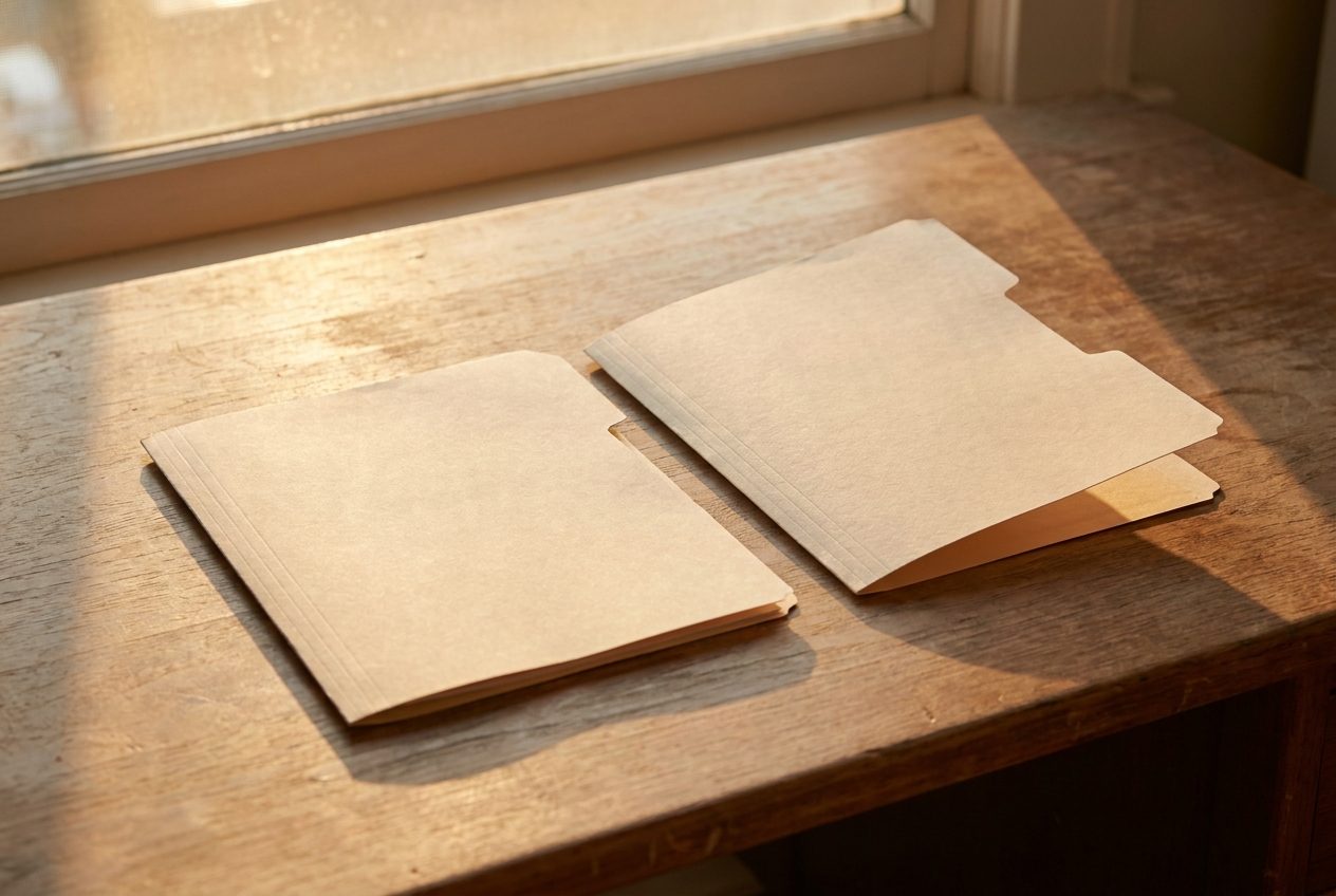 Two blank manila folders side by side on a desk in warm afternoon light