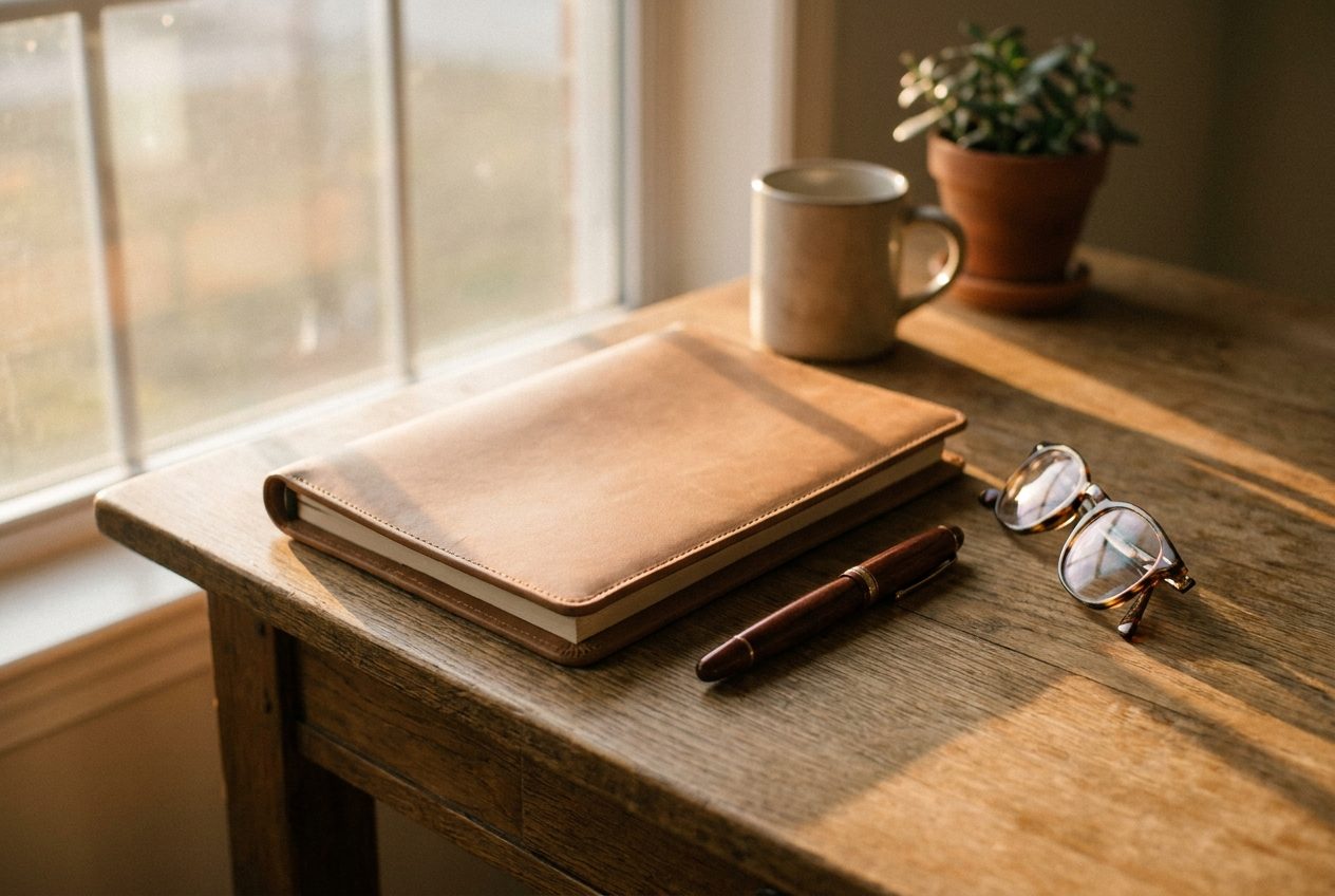A leather document folio, fountain pen and reading glasses on a dark oak desk