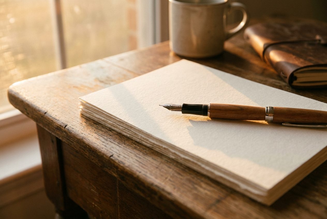 A fountain pen resting beside a signature on thick paper